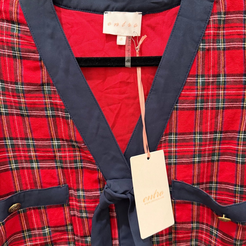 Entro Red Plaid Ruffle Sleeve Mini Dress Navy Bow Accent Gold Button Front L - Picture 4 of 5
